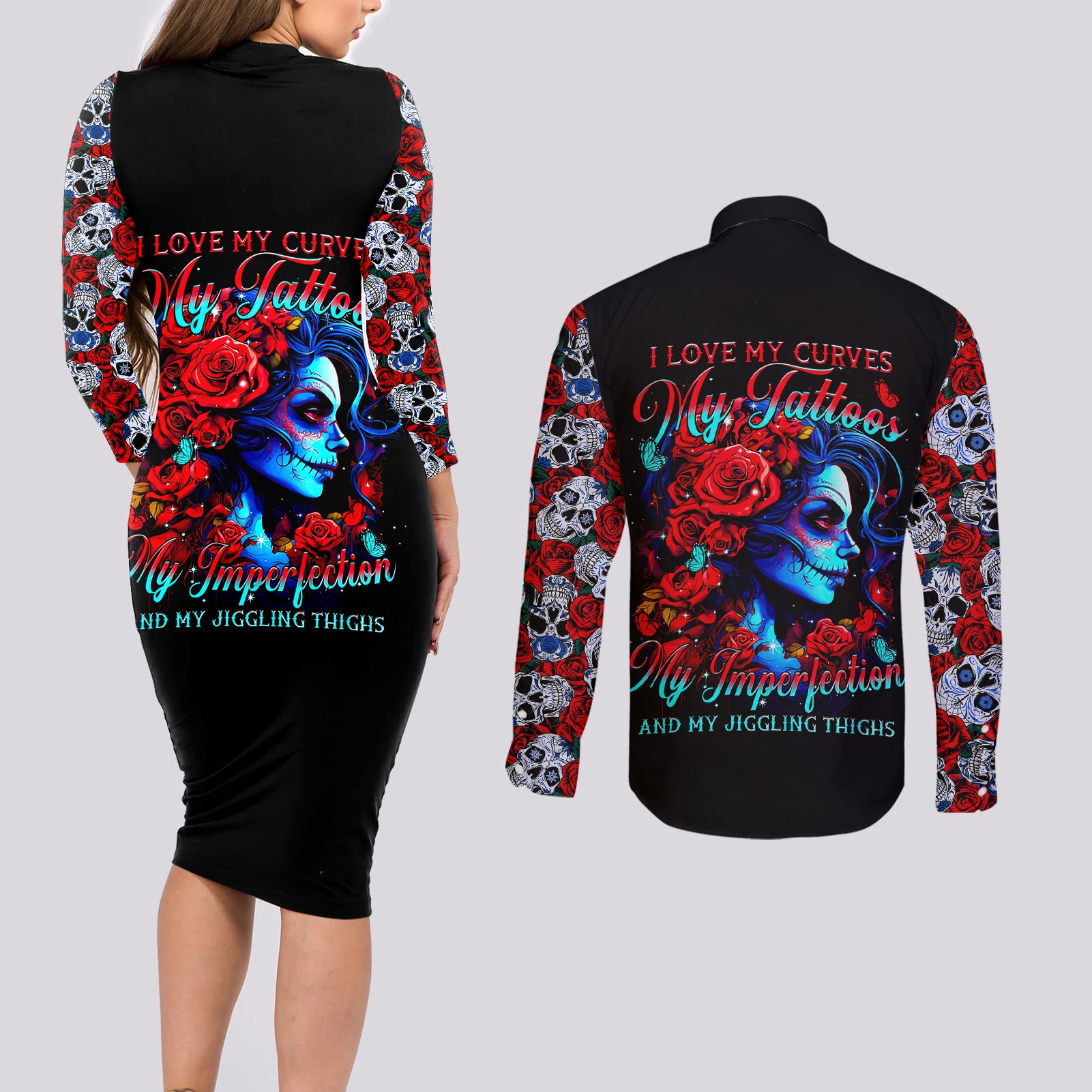 Skull Rose Couples Matching Long Sleeve Bodycon Dress and Long Sleeve Button Shirts I Love My Curve My Tattoo My Imperfection - Wonder Print Shop
