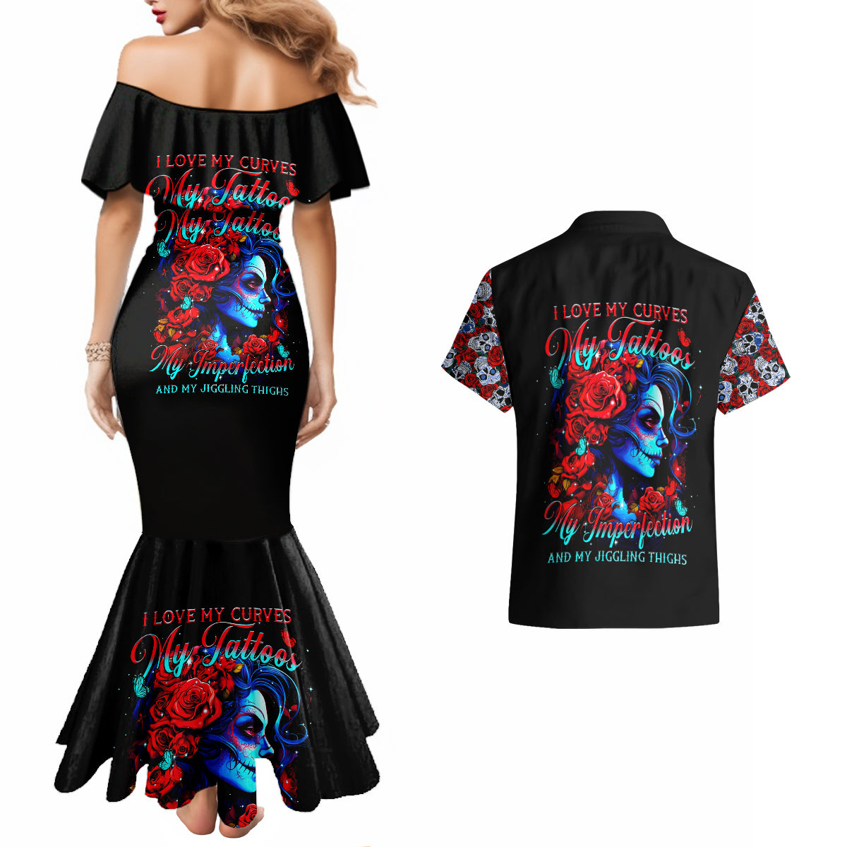 Skull Rose Couples Matching Mermaid Dress and Hawaiian Shirt I Love My Curve My Tattoo My Imperfection - Wonder Print Shop