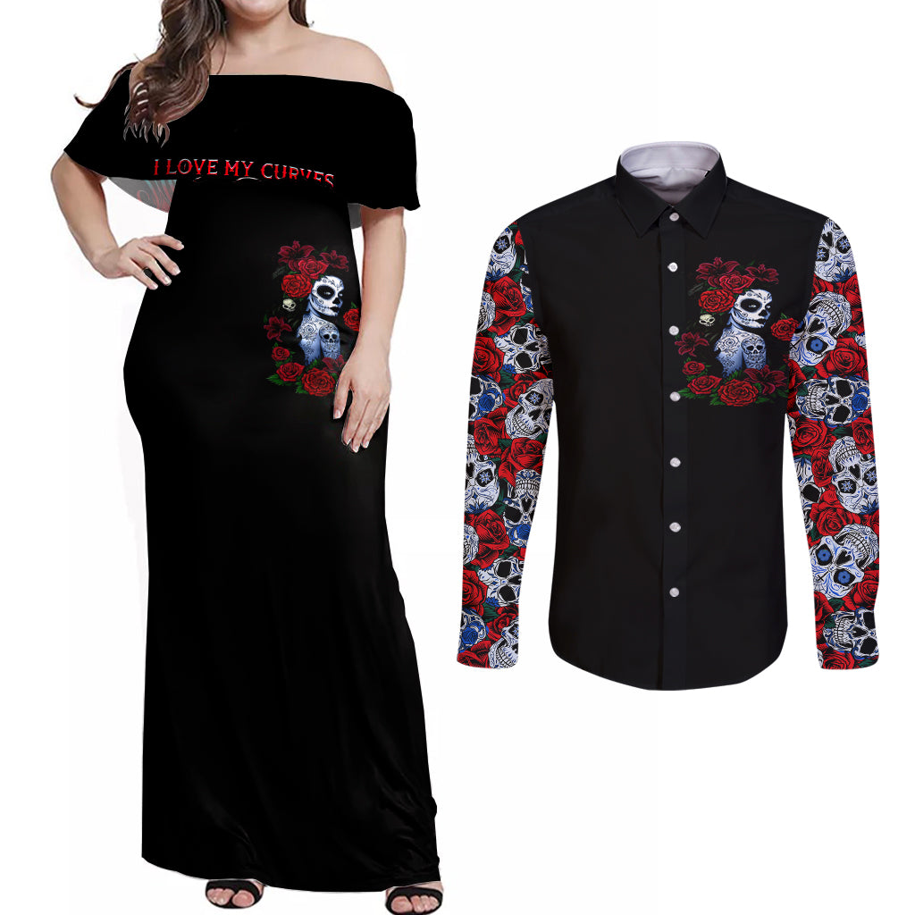 Skull Rose Couples Matching Off Shoulder Maxi Dress and Long Sleeve Button Shirts I Love My Curve My Tattoo My Imperfection - Wonder Print Shop