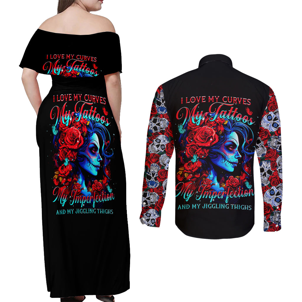 Skull Rose Couples Matching Off Shoulder Maxi Dress and Long Sleeve Button Shirts I Love My Curve My Tattoo My Imperfection - Wonder Print Shop
