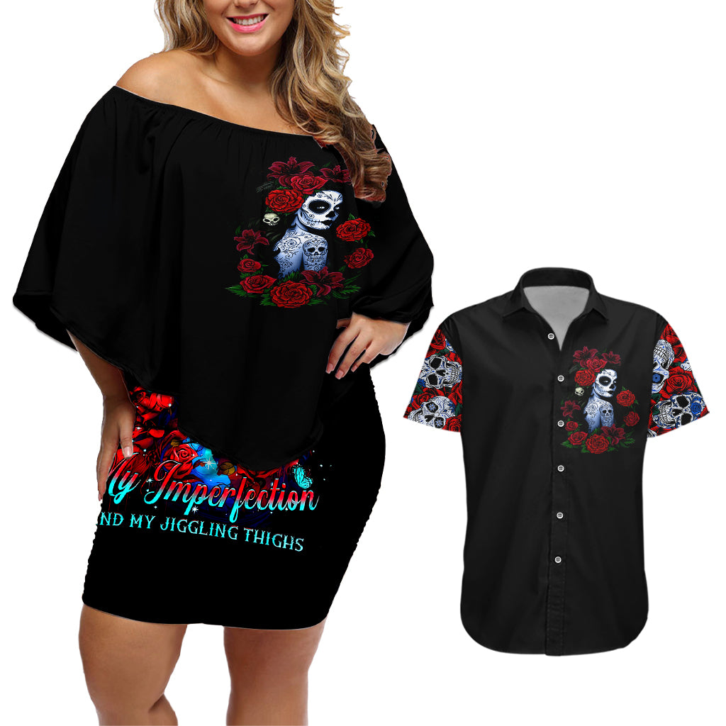 Skull Rose Couples Matching Off Shoulder Short Dress and Hawaiian Shirt I Love My Curve My Tattoo My Imperfection - Wonder Print Shop