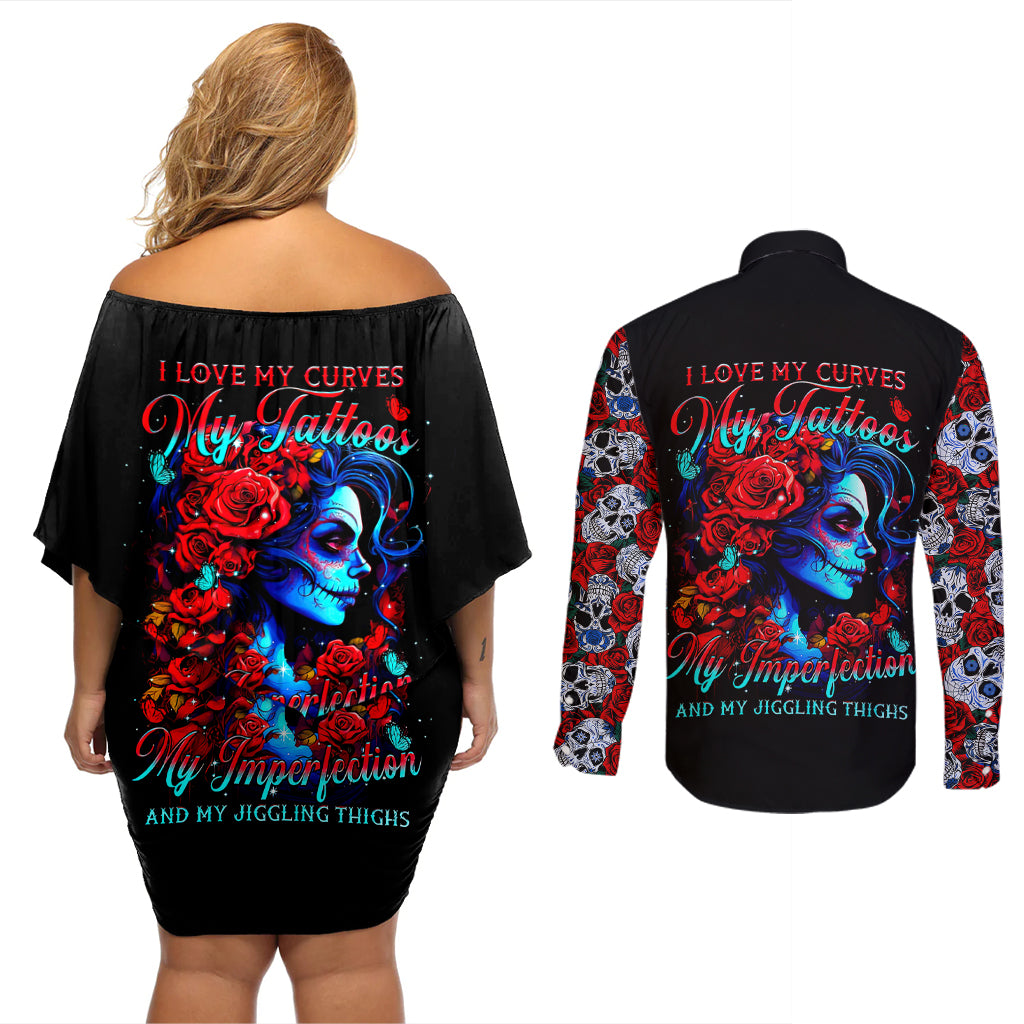 Skull Rose Couples Matching Off Shoulder Short Dress and Long Sleeve Button Shirts I Love My Curve My Tattoo My Imperfection - Wonder Print Shop