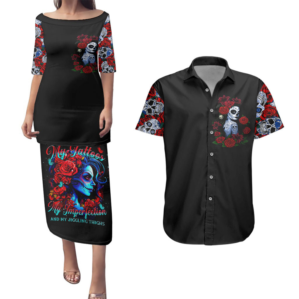 Skull Rose Couples Matching Puletasi Dress and Hawaiian Shirt I Love My Curve My Tattoo My Imperfection - Wonder Print Shop