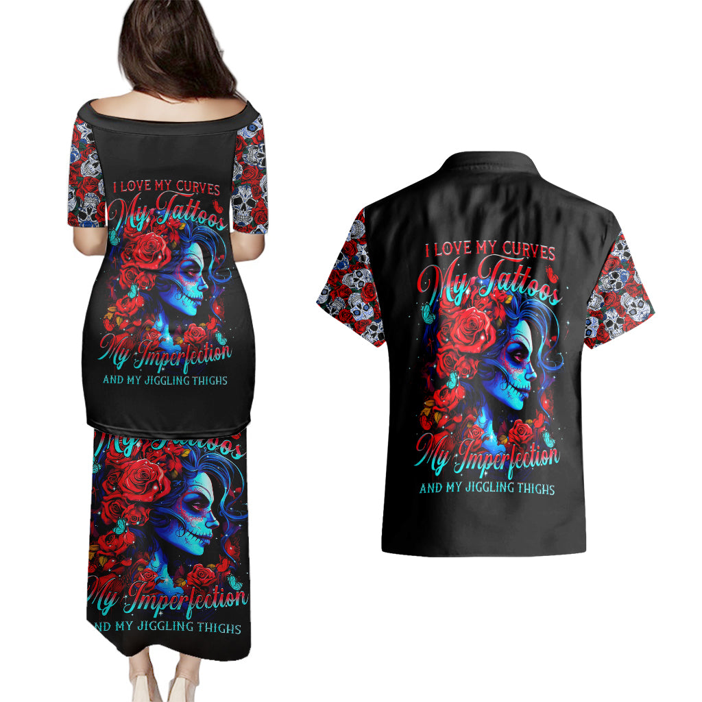 Skull Rose Couples Matching Puletasi Dress and Hawaiian Shirt I Love My Curve My Tattoo My Imperfection - Wonder Print Shop