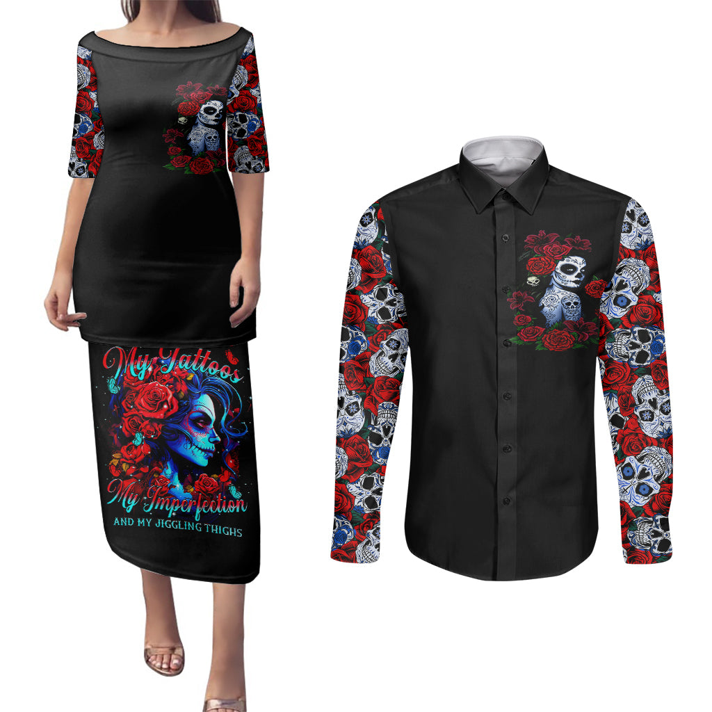 Skull Rose Couples Matching Puletasi Dress and Long Sleeve Button Shirts I Love My Curve My Tattoo My Imperfection - Wonder Print Shop