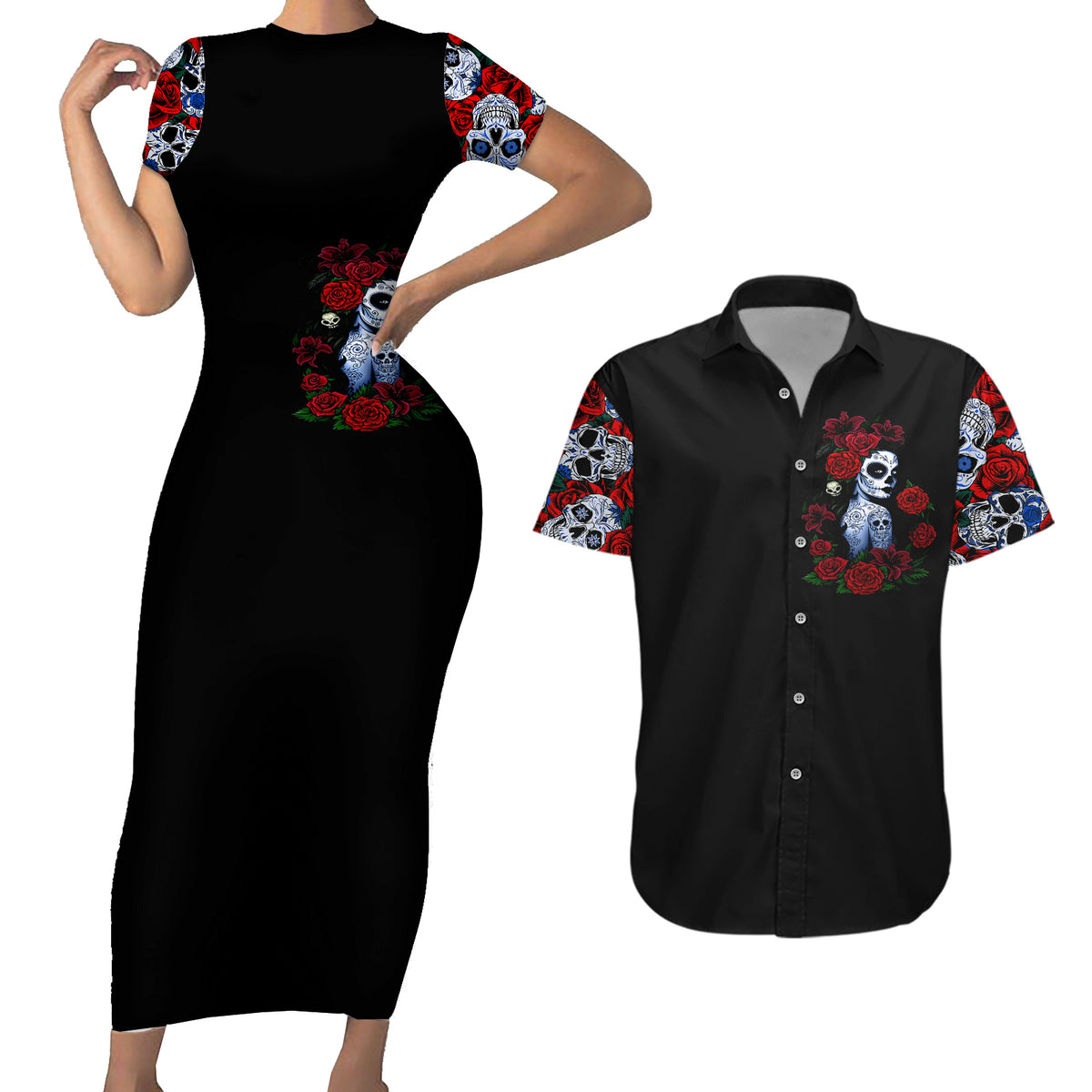 Skull Rose Couples Matching Short Sleeve Bodycon Dress and Hawaiian Shirt I Love My Curve My Tattoo My Imperfection - Wonder Print Shop