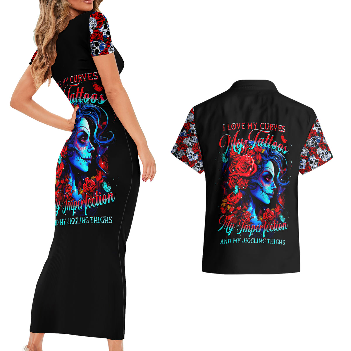 Skull Rose Couples Matching Short Sleeve Bodycon Dress and Hawaiian Shirt I Love My Curve My Tattoo My Imperfection - Wonder Print Shop