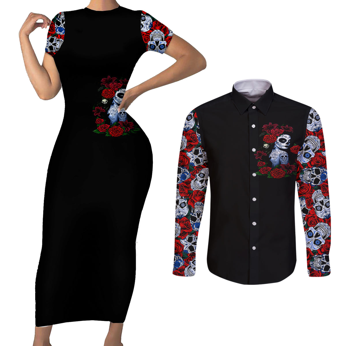 Skull Rose Couples Matching Short Sleeve Bodycon Dress and Long Sleeve Button Shirts I Love My Curve My Tattoo My Imperfection - Wonder Print Shop