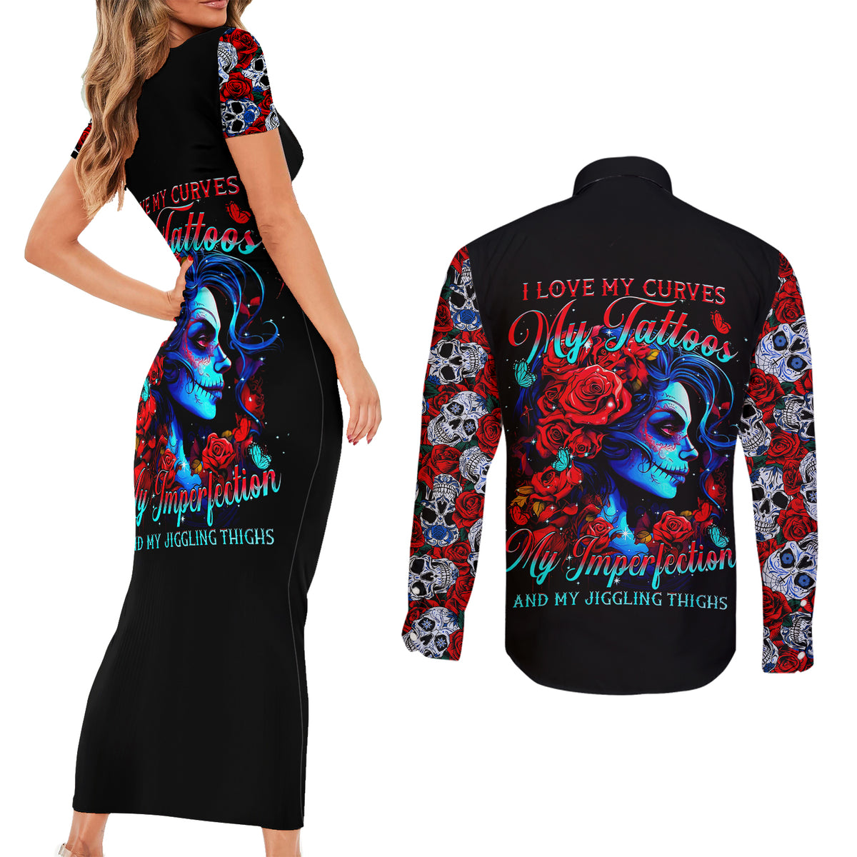 Skull Rose Couples Matching Short Sleeve Bodycon Dress and Long Sleeve Button Shirts I Love My Curve My Tattoo My Imperfection - Wonder Print Shop