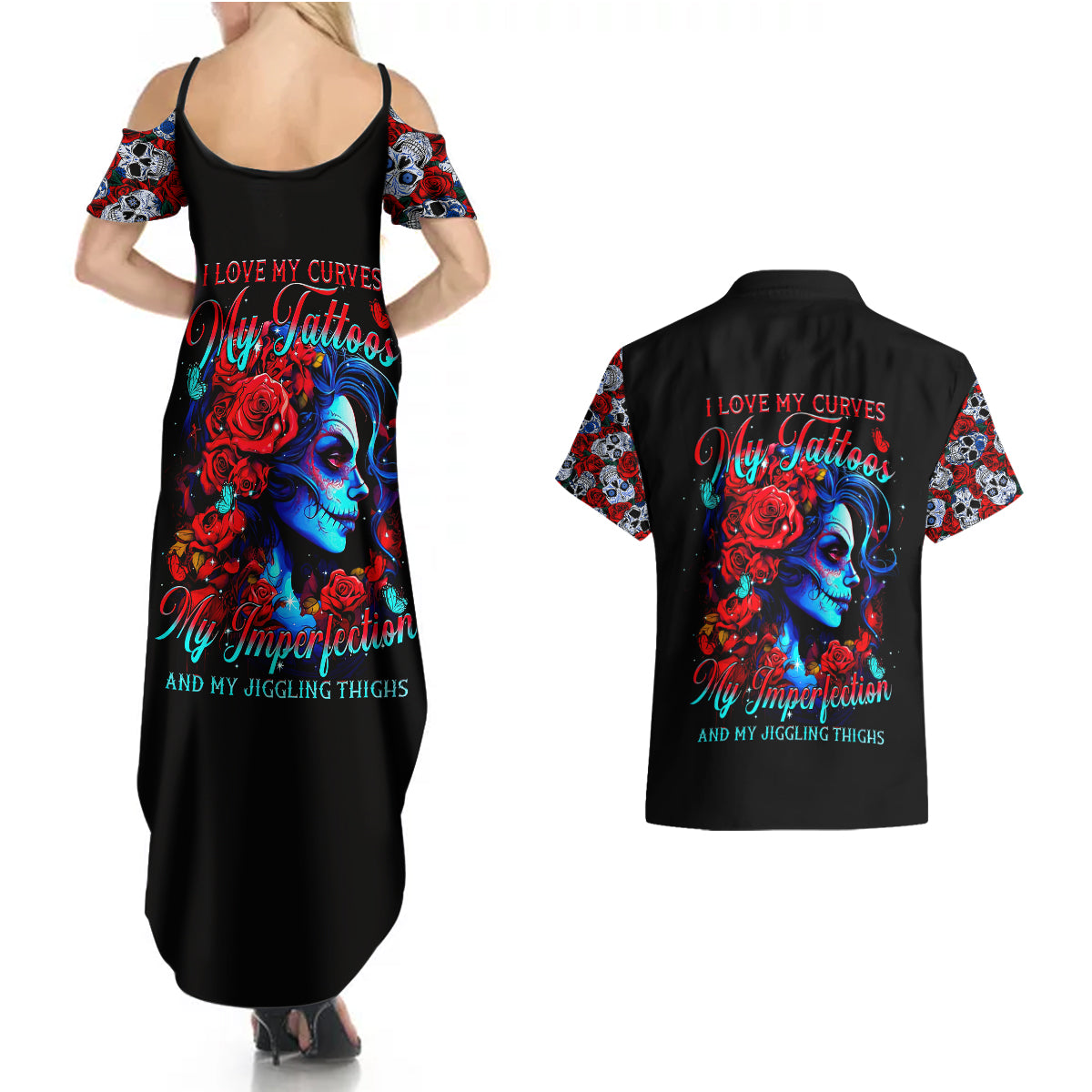 Skull Rose Couples Matching Summer Maxi Dress and Hawaiian Shirt I Love My Curve My Tattoo My Imperfection - Wonder Print Shop