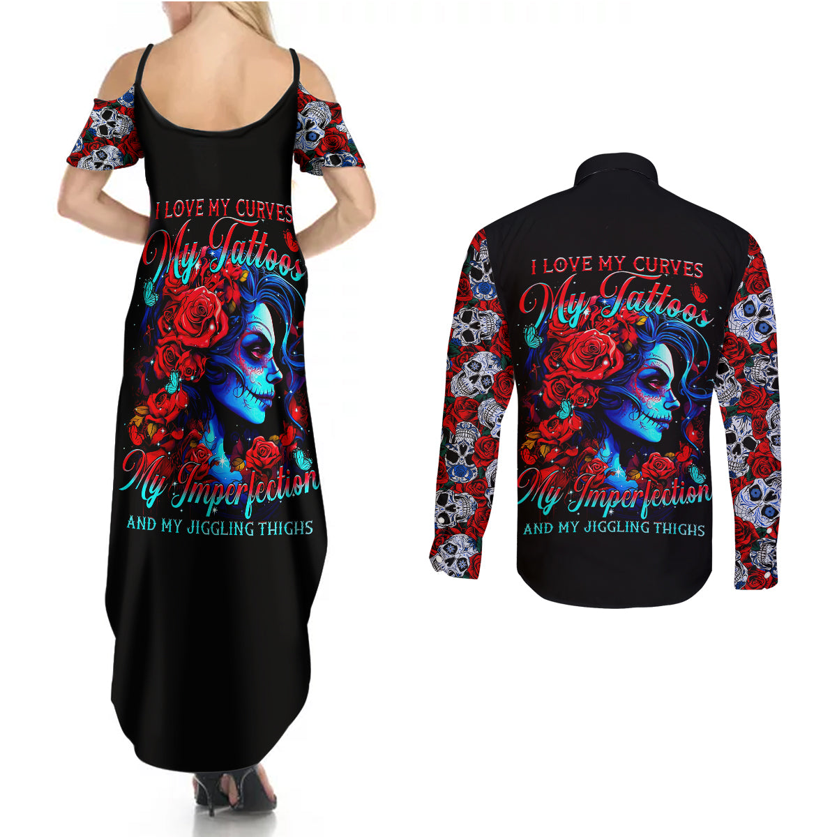 Skull Rose Couples Matching Summer Maxi Dress and Long Sleeve Button Shirts I Love My Curve My Tattoo My Imperfection - Wonder Print Shop