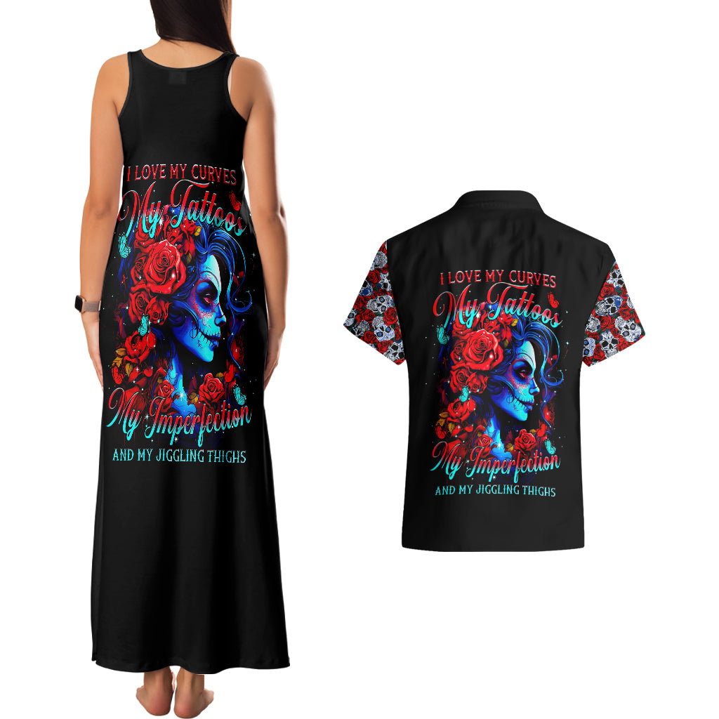 Skull Rose Couples Matching Tank Maxi Dress and Hawaiian Shirt I Love My Curve My Tattoo My Imperfection - Wonder Print Shop