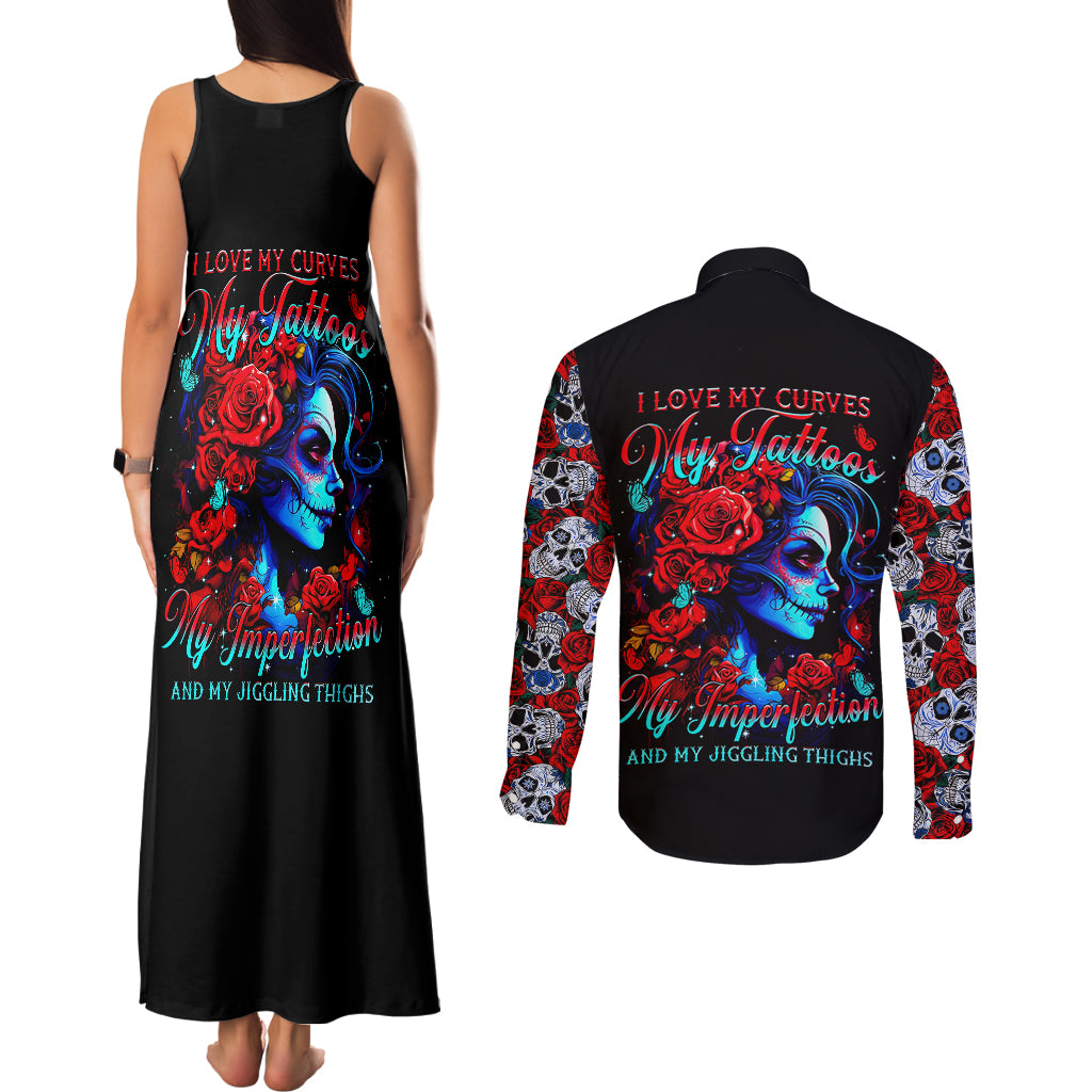 Skull Rose Couples Matching Tank Maxi Dress and Long Sleeve Button Shirts I Love My Curve My Tattoo My Imperfection - Wonder Print Shop