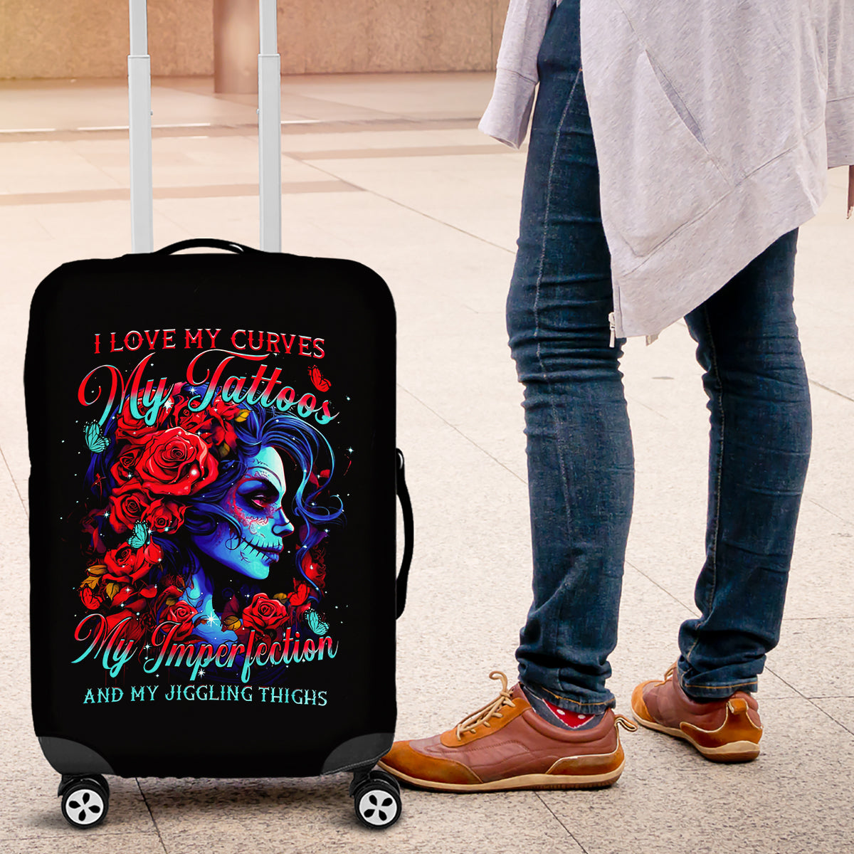 Skull Rose Luggage Cover I Love My Curve My Tattoo My Imperfection - Wonder Print Shop