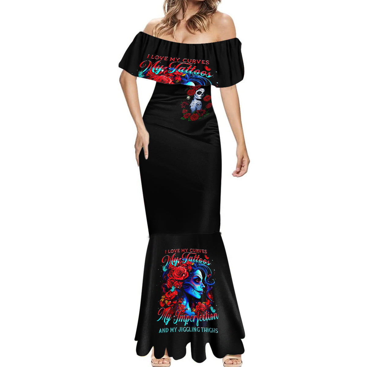 Skull Rose Mermaid Dress I Love My Curve My Tattoo My Imperfection - Wonder Print Shop