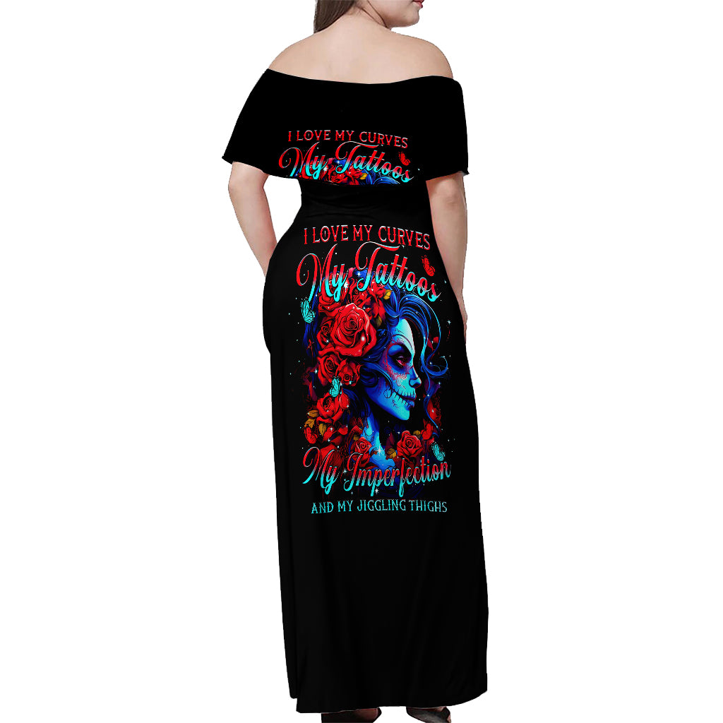 Skull Rose Off Shoulder Maxi Dress I Love My Curve My Tattoo My Imperfection - Wonder Print Shop