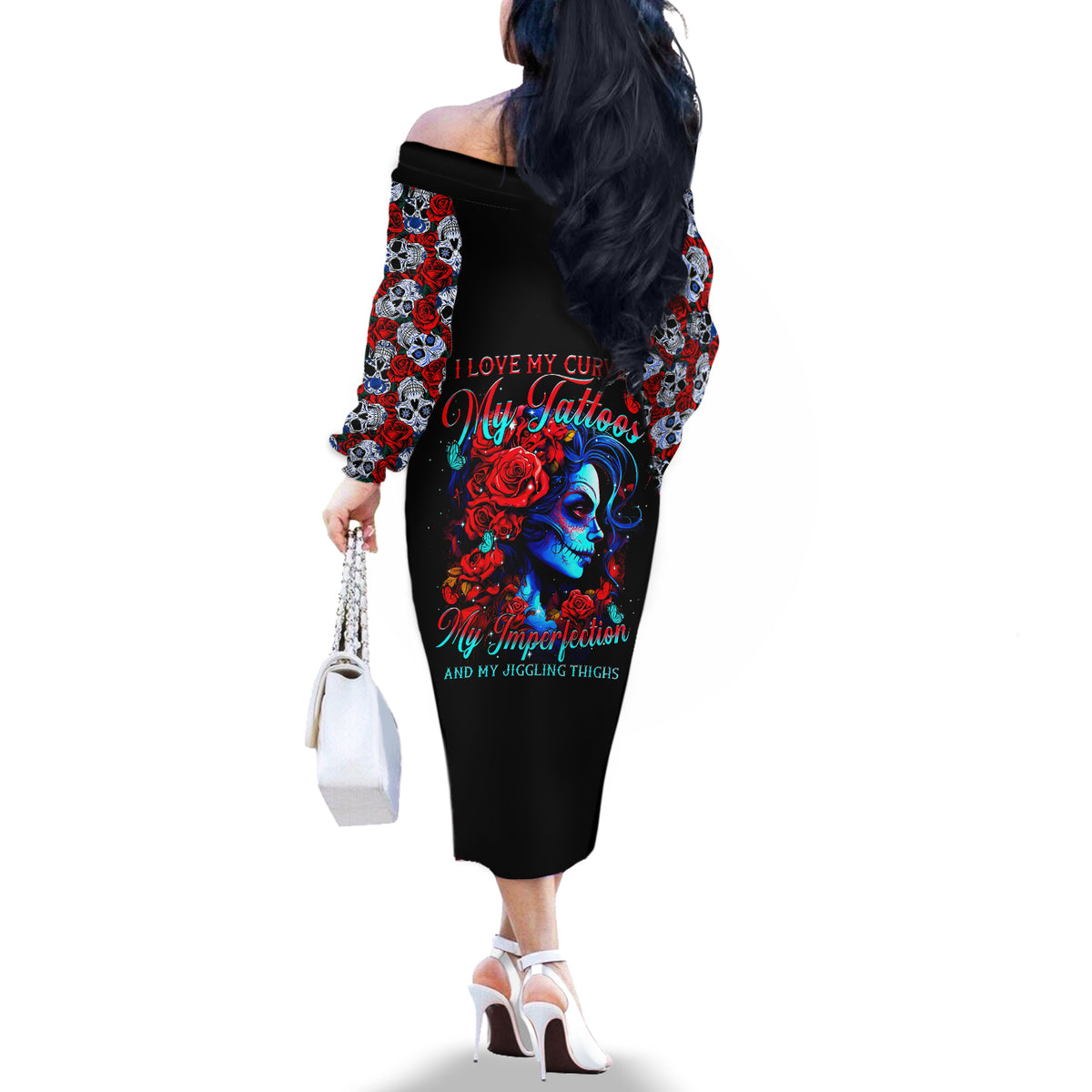 Skull Rose Off The Shoulder Long Sleeve Dress I Love My Curve My Tattoo My Imperfection - Wonder Print Shop