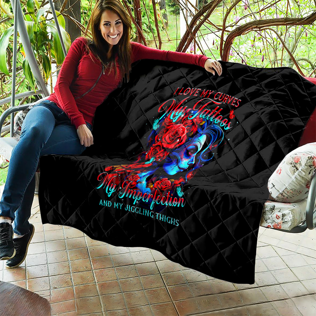 Skull Rose Quilt I Love My Curve My Tattoo My Imperfection - Wonder Print Shop