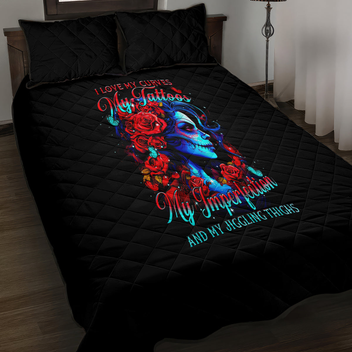 Skull Rose Quilt Bed Set I Love My Curve My Tattoo My Imperfection - Wonder Print Shop