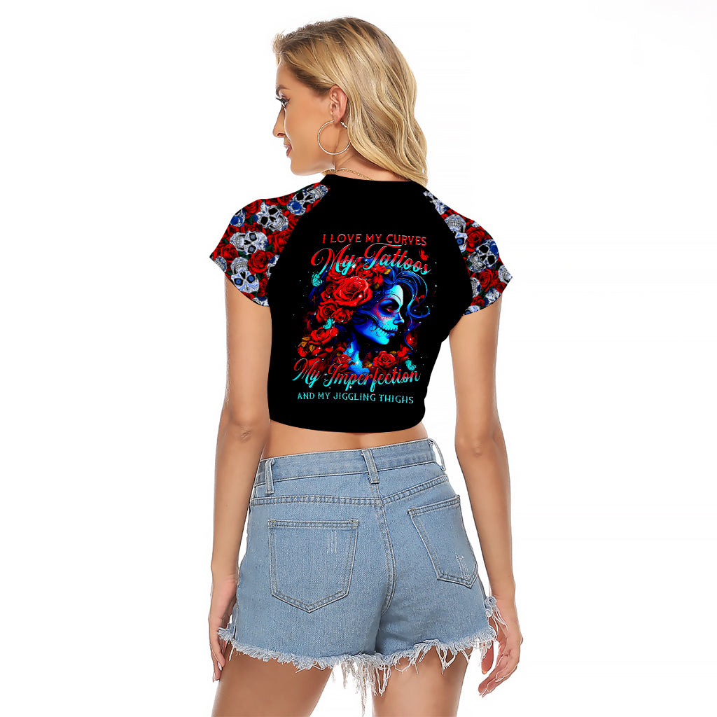 Skull Rose Raglan Cropped T Shirt I Love My Curve My Tattoo My Imperfection - Wonder Print Shop