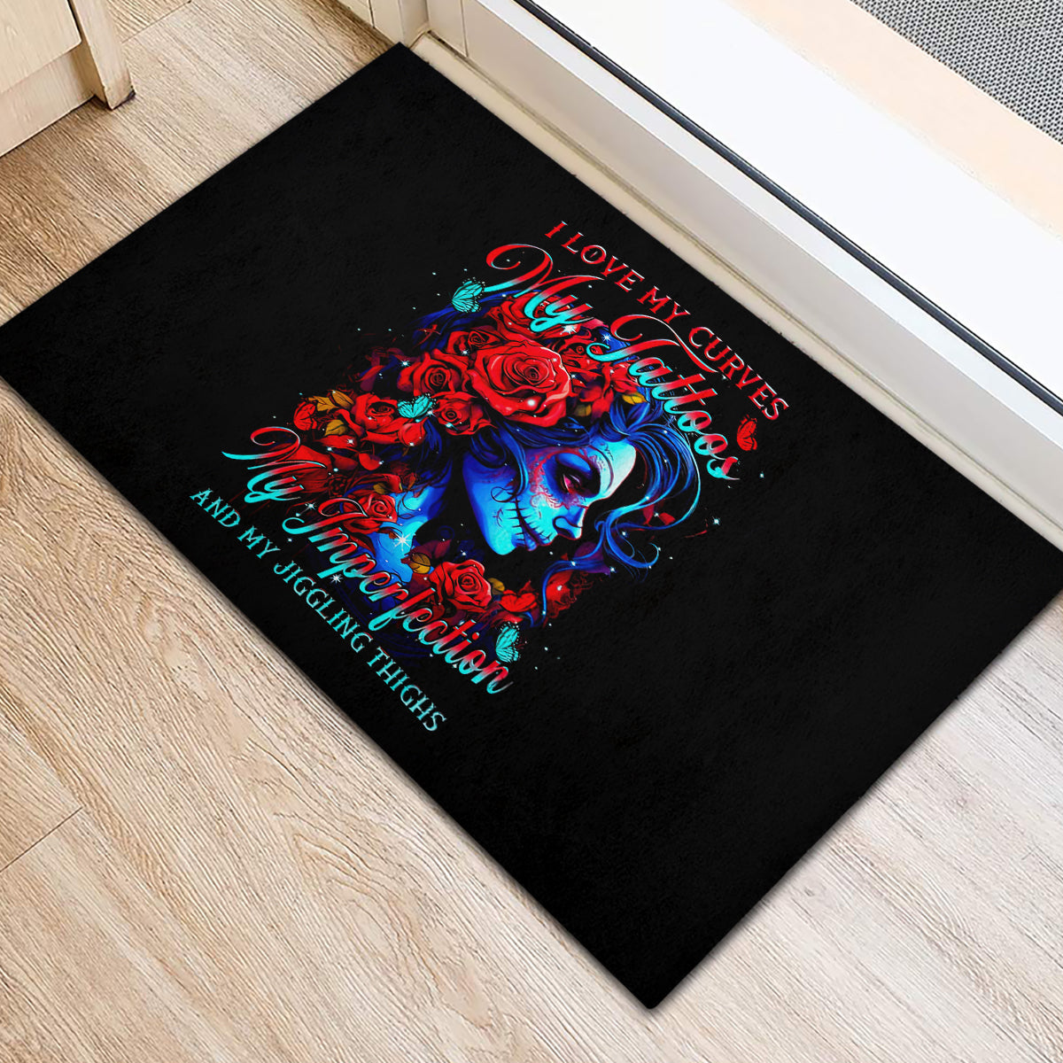 Skull Rose Rubber Doormat I Love My Curve My Tattoo My Imperfection - Wonder Print Shop