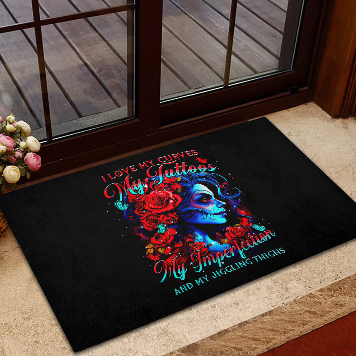 Skull Rose Rubber Doormat I Love My Curve My Tattoo My Imperfection - Wonder Print Shop
