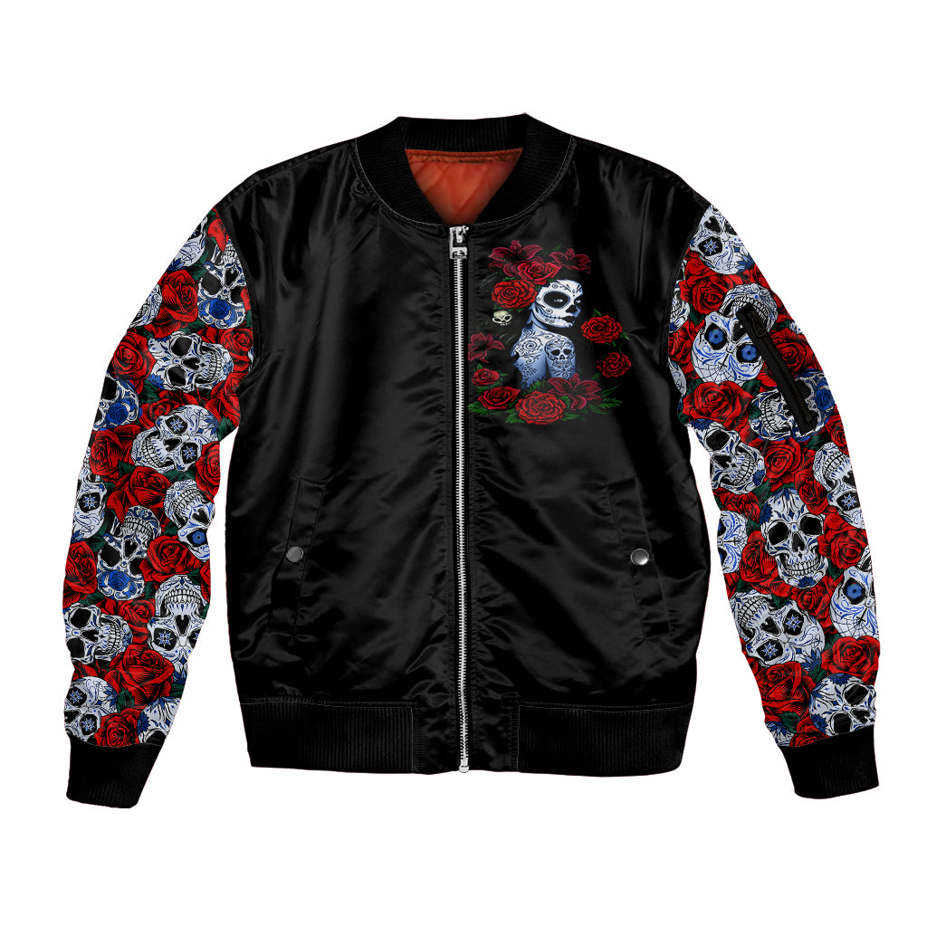 Skull Rose Sleeve Zip Bomber Jacket I Love My Curve My Tattoo My Imperfection - Wonder Print Shop