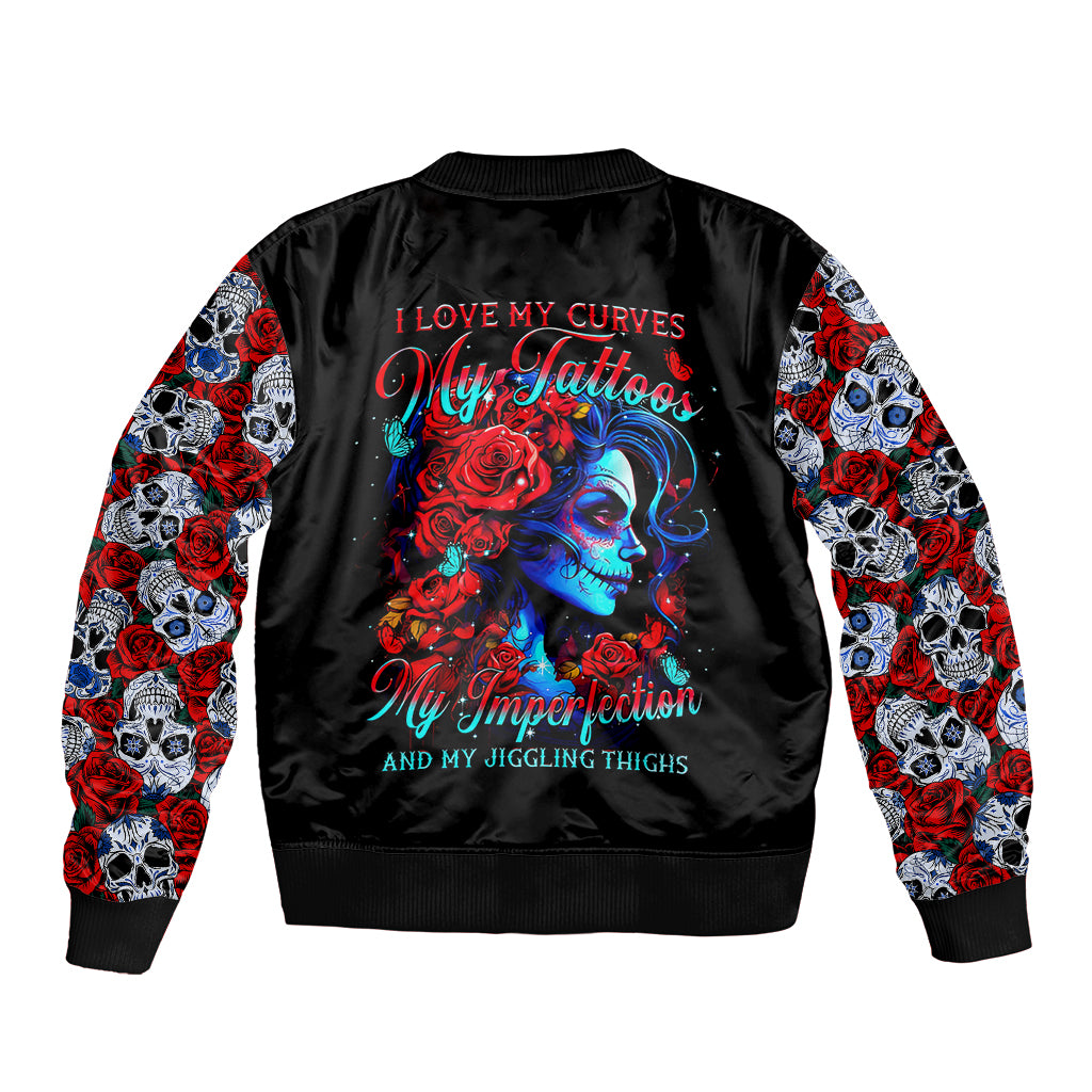 Skull Rose Sleeve Zip Bomber Jacket I Love My Curve My Tattoo My Imperfection - Wonder Print Shop
