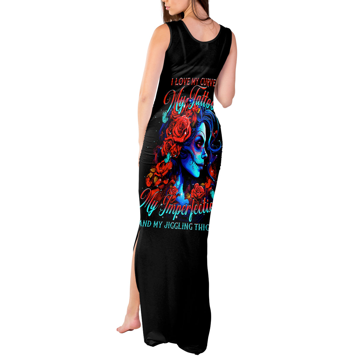 Skull Rose Tank Maxi Dress I Love My Curve My Tattoo My Imperfection - Wonder Print Shop