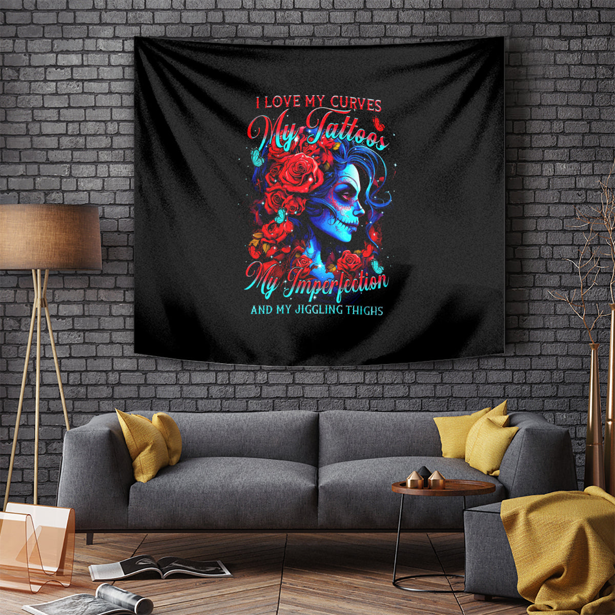 Skull Rose Tapestry I Love My Curve My Tattoo My Imperfection - Wonder Print Shop