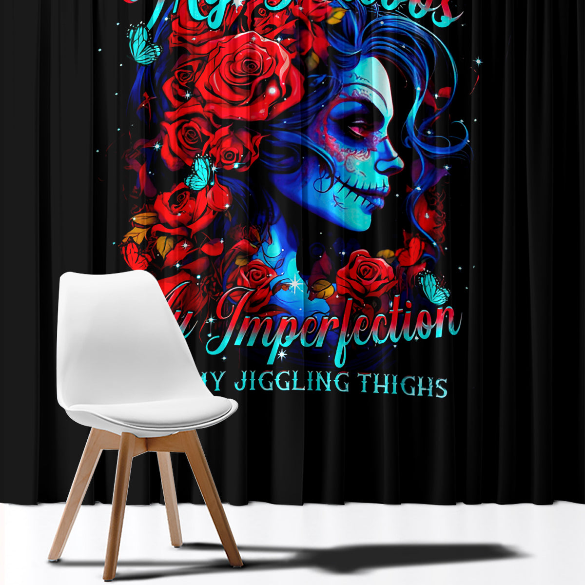 Skull Rose Window Curtain I Love My Curve My Tattoo My Imperfection - Wonder Print Shop