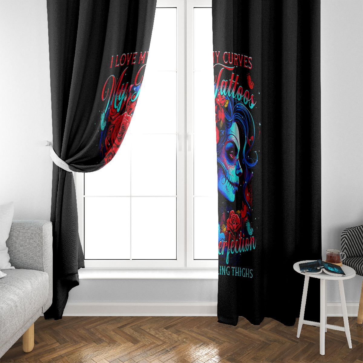 Skull Rose Window Curtain I Love My Curve My Tattoo My Imperfection - Wonder Print Shop