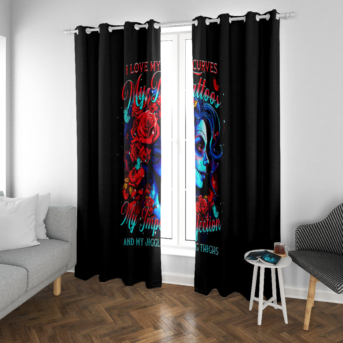 Skull Rose Window Curtain I Love My Curve My Tattoo My Imperfection - Wonder Print Shop