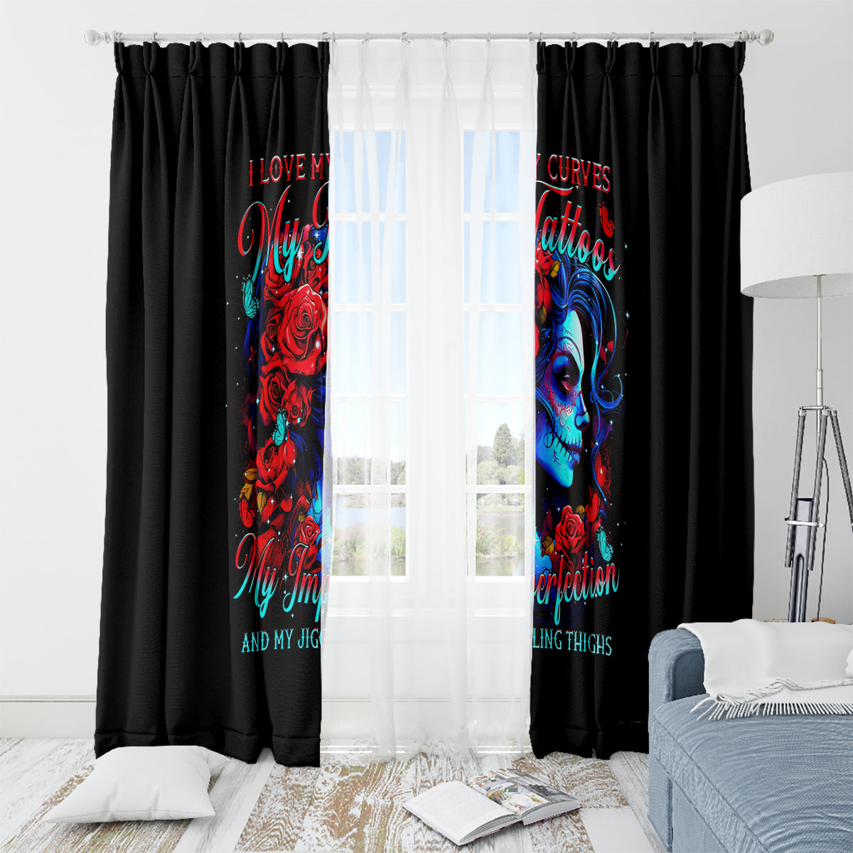 Skull Rose Window Curtain I Love My Curve My Tattoo My Imperfection - Wonder Print Shop