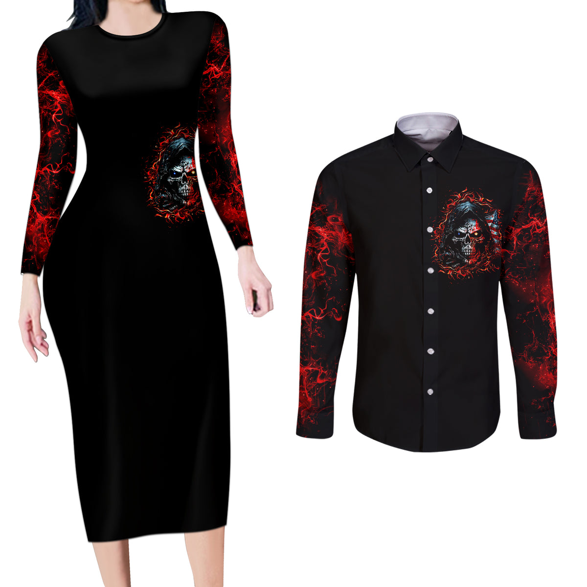 Blood Skull Couples Matching Long Sleeve Bodycon Dress and Long Sleeve Button Shirts I Never Alone My Demon With Me 24/7 - Wonder Print Shop