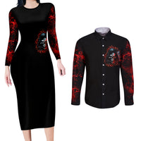 Blood Skull Couples Matching Long Sleeve Bodycon Dress and Long Sleeve Button Shirts I Never Alone My Demon With Me 24/7 - Wonder Print Shop