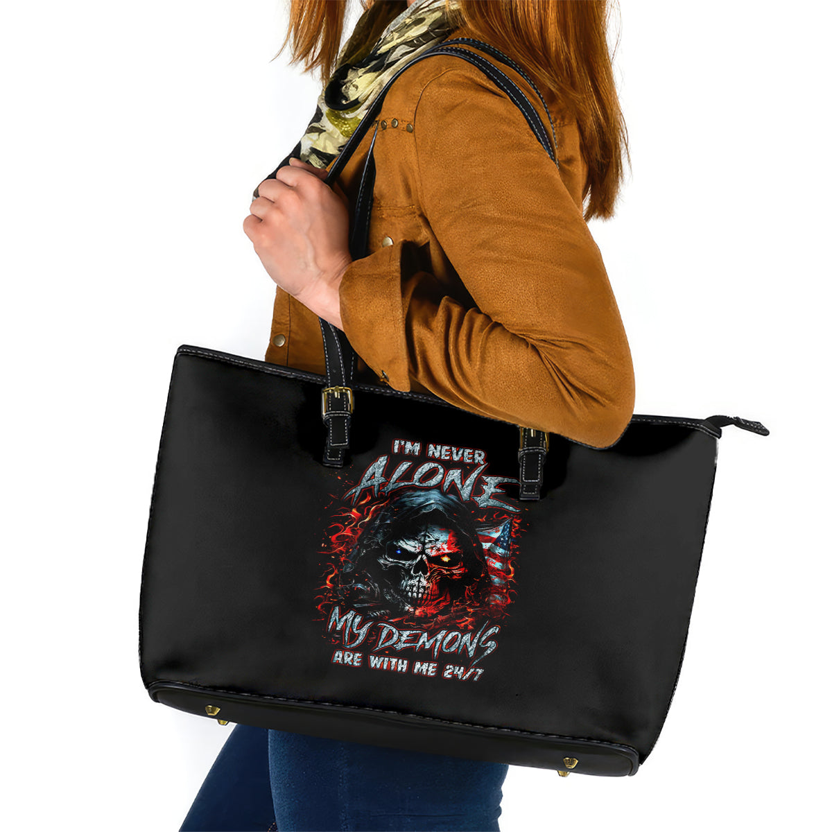 Blood Skull Leather Tote Bag I Never Alone My Demon With Me 24/7 - Wonder Print Shop