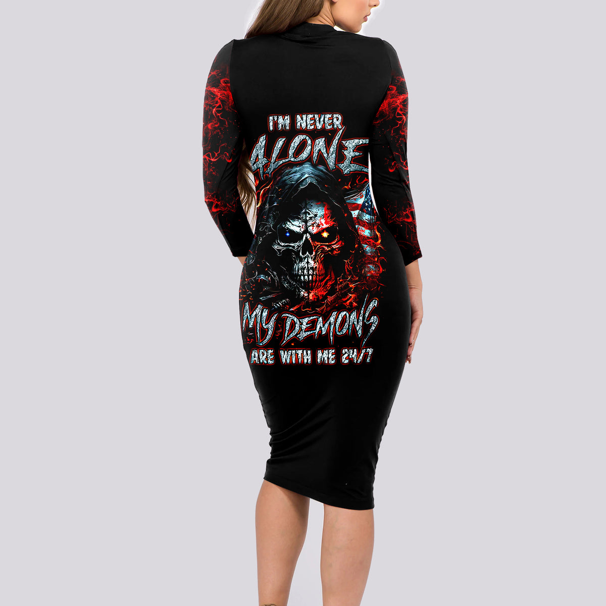 Blood Skull Long Sleeve Bodycon Dress I Never Alone My Demon With Me 24/7 - Wonder Print Shop