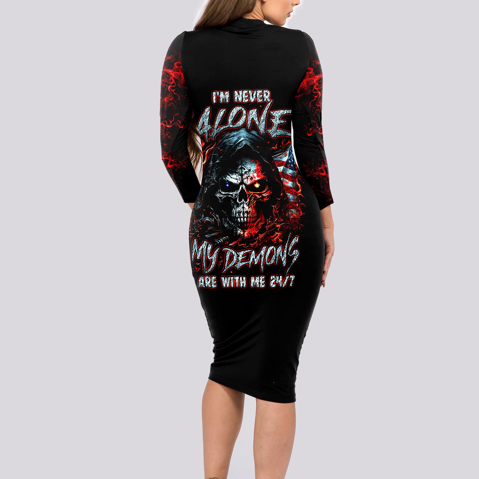 Blood Skull Long Sleeve Bodycon Dress I Never Alone My Demon With Me 24/7 - Wonder Print Shop