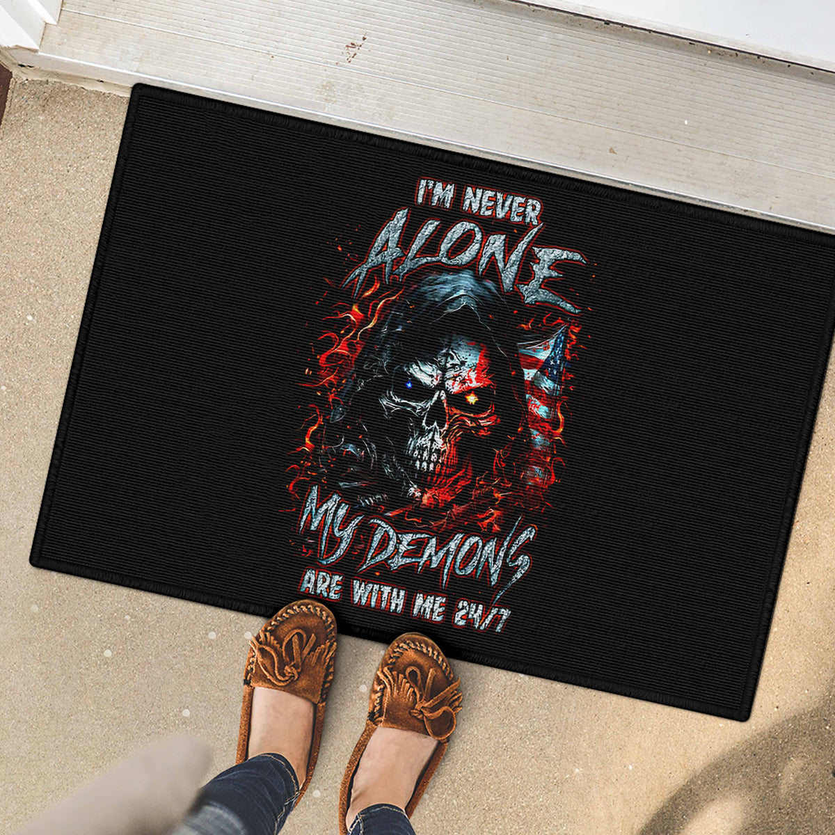 Blood Skull Rubber Doormat I Never Alone My Demon With Me 24/7 - Wonder Print Shop