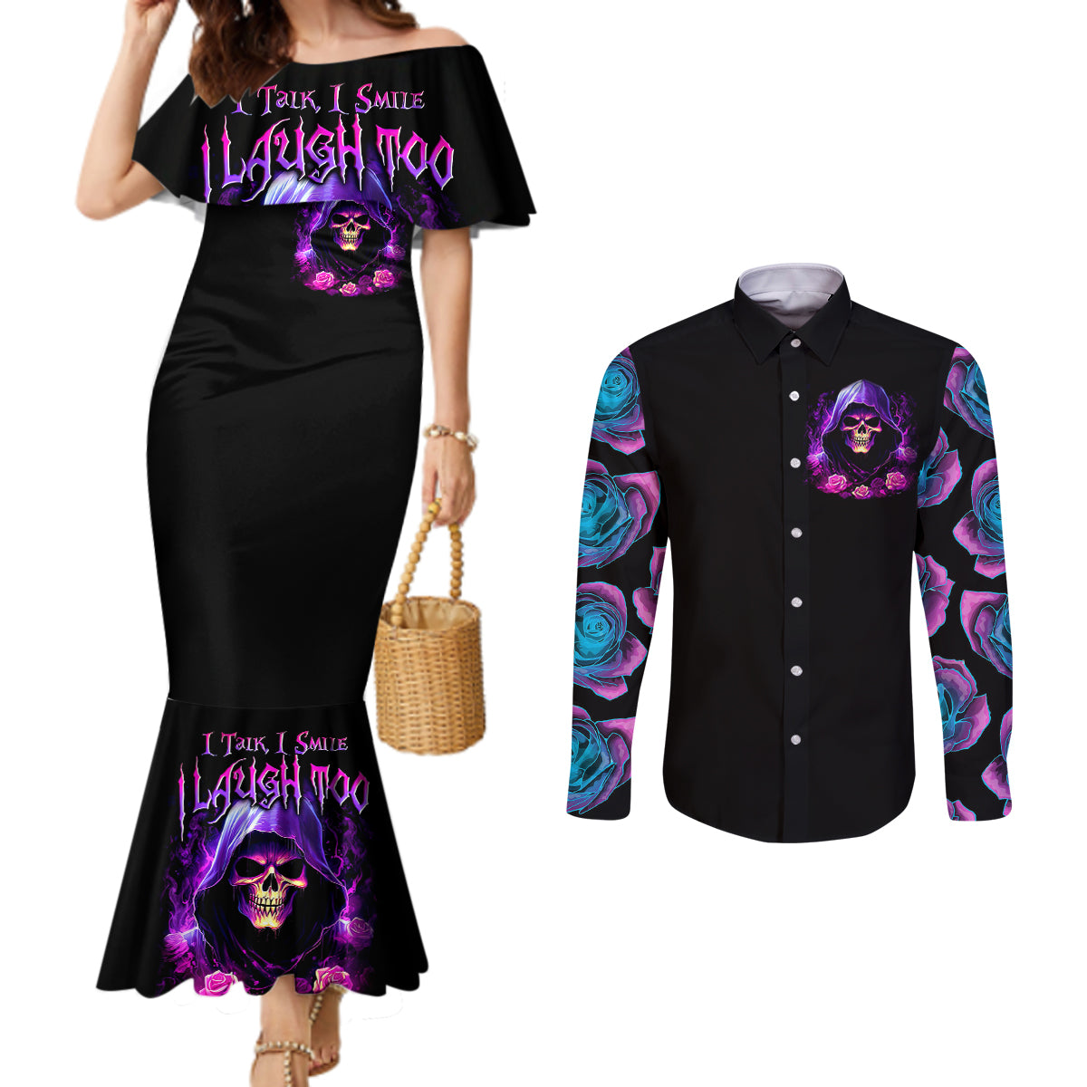 purple-skull-couples-matching-mermaid-dress-and-long-sleeve-button-shirts-i-talk-i-smile-but-be-carefull-when-i-silent