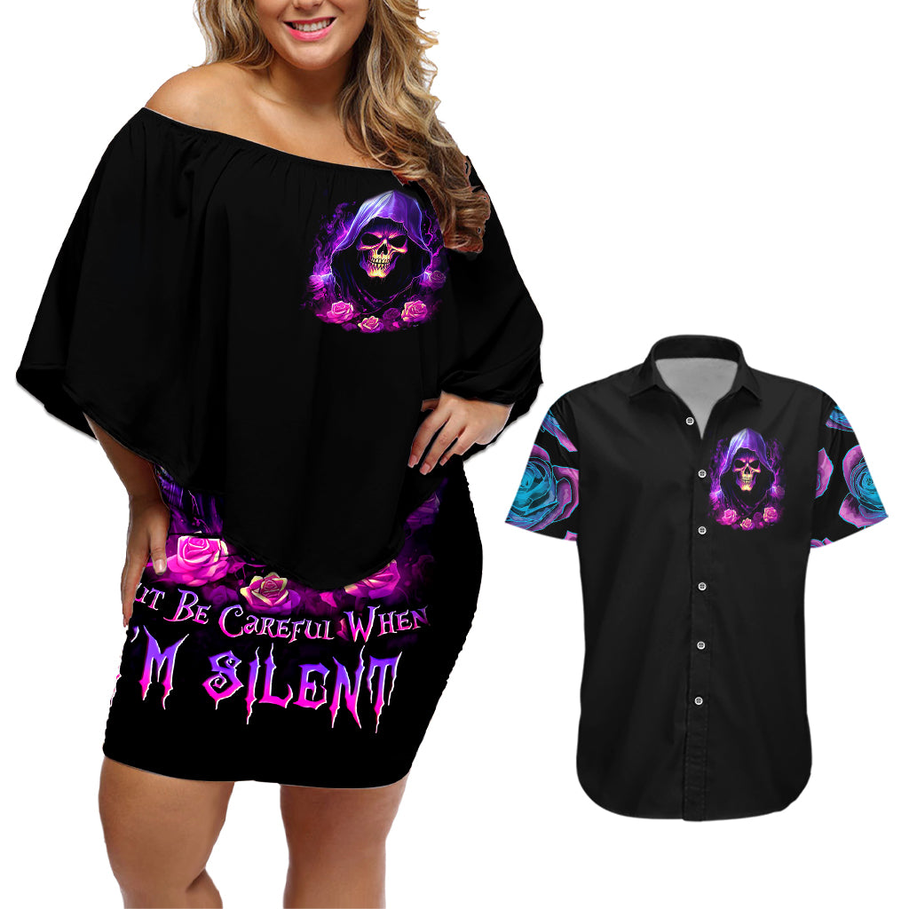 Purple Skull Couples Matching Off Shoulder Short Dress and Hawaiian Shirt I Talk I Smile But Be Carefull When I SIlent - Wonder Print Shop
