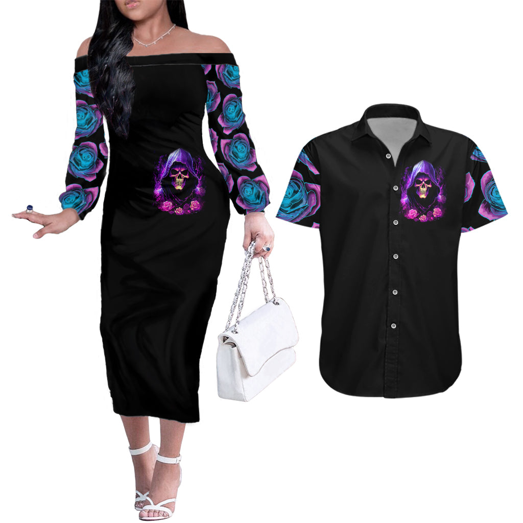 Purple Skull Couples Matching Off The Shoulder Long Sleeve Dress and Hawaiian Shirt I Talk I Smile But Be Carefull When I SIlent - Wonder Print Shop