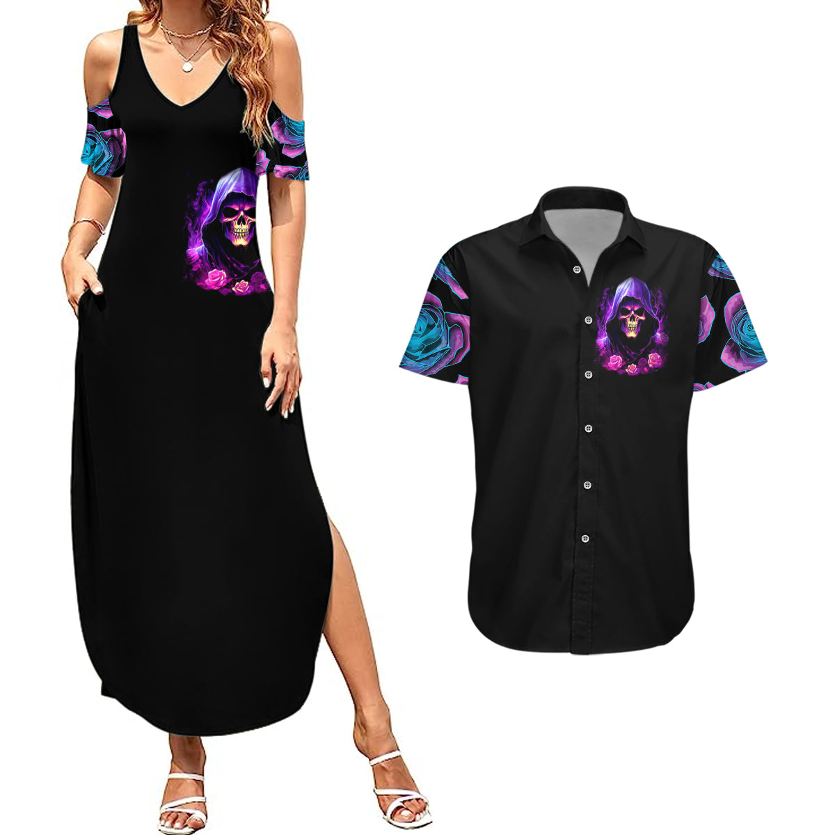 Purple Skull Couples Matching Summer Maxi Dress and Hawaiian Shirt I Talk I Smile But Be Carefull When I SIlent - Wonder Print Shop
