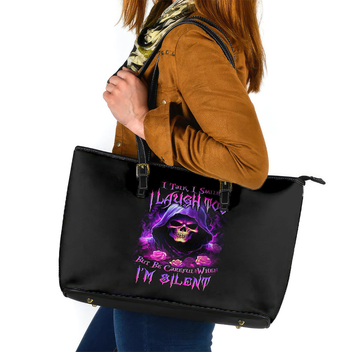 Purple Skull Leather Tote Bag I Talk I Smile But Be Carefull When I SIlent - Wonder Print Shop
