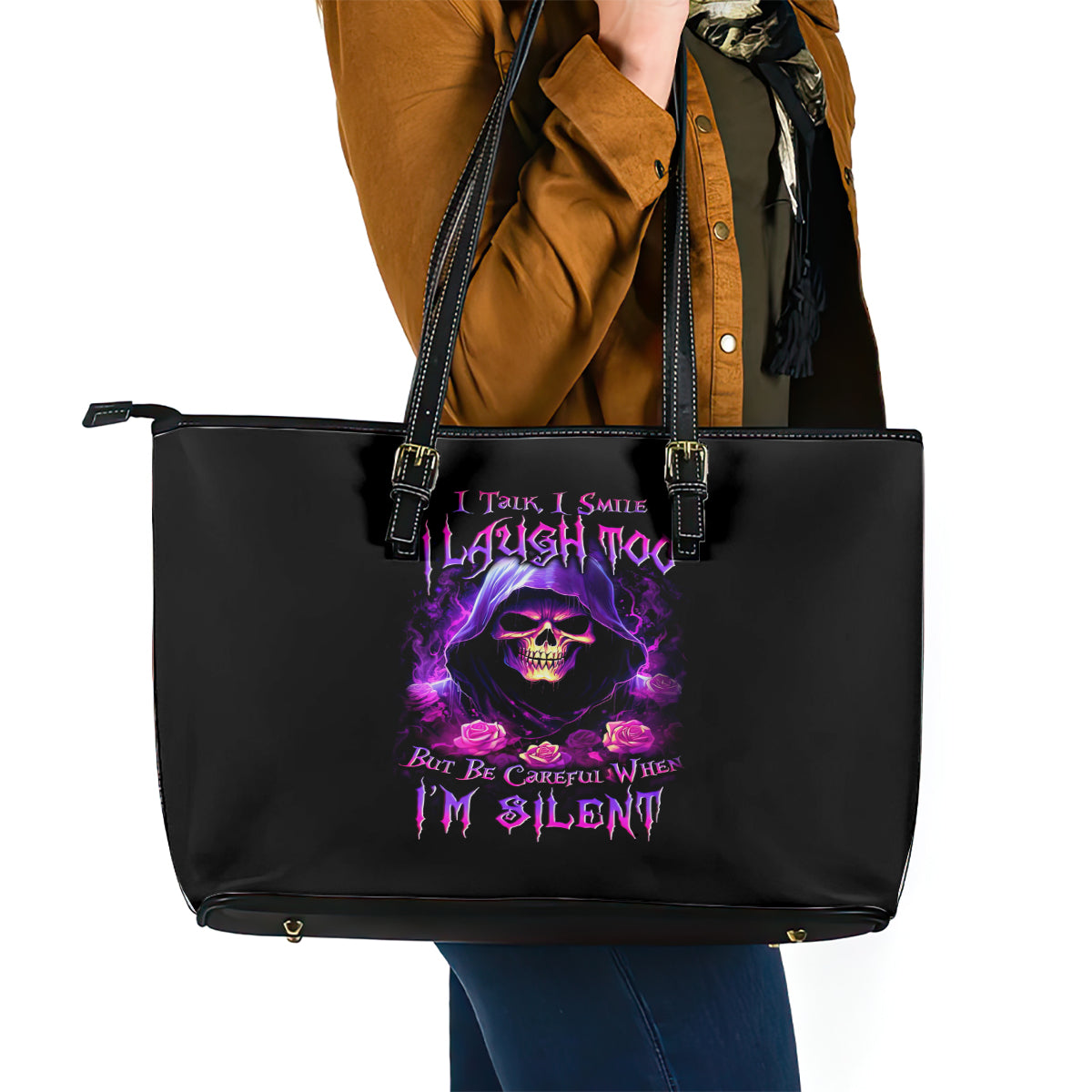 Purple Skull Leather Tote Bag I Talk I Smile But Be Carefull When I SIlent - Wonder Print Shop