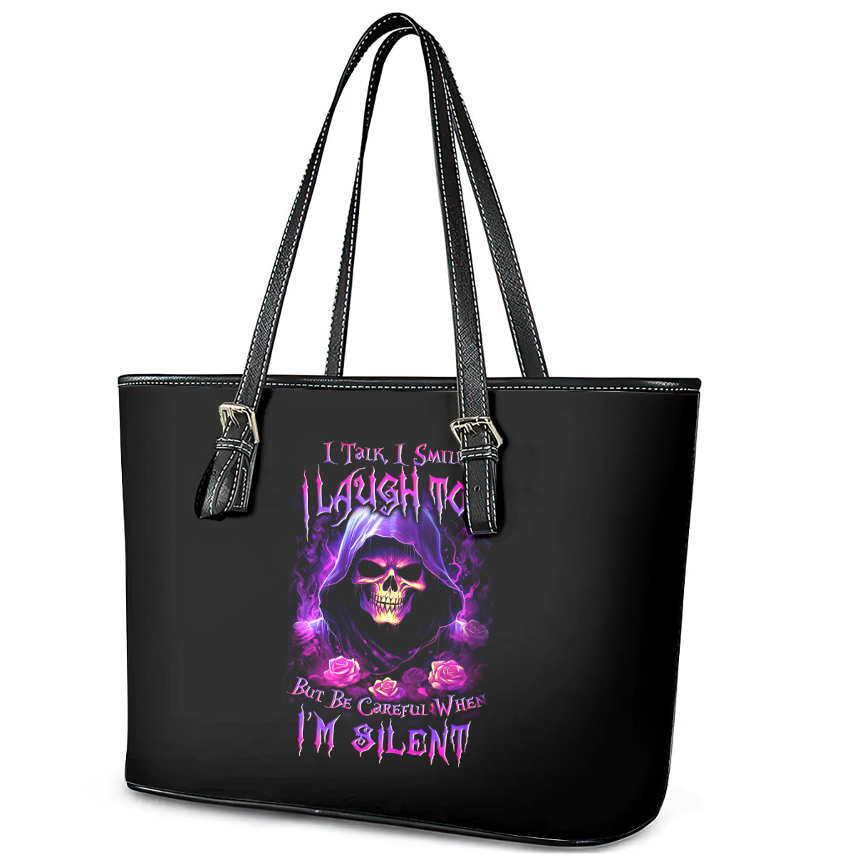 Purple Skull Leather Tote Bag I Talk I Smile But Be Carefull When I SIlent - Wonder Print Shop