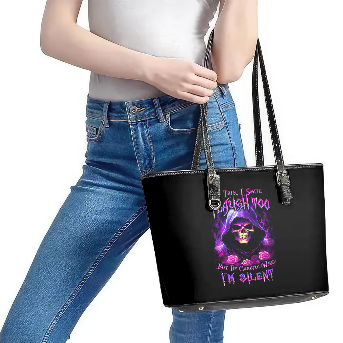Purple Skull Leather Tote Bag I Talk I Smile But Be Carefull When I SIlent - Wonder Print Shop