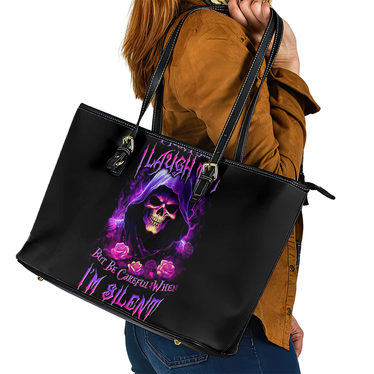Purple Skull Leather Tote Bag I Talk I Smile But Be Carefull When I SIlent - Wonder Print Shop