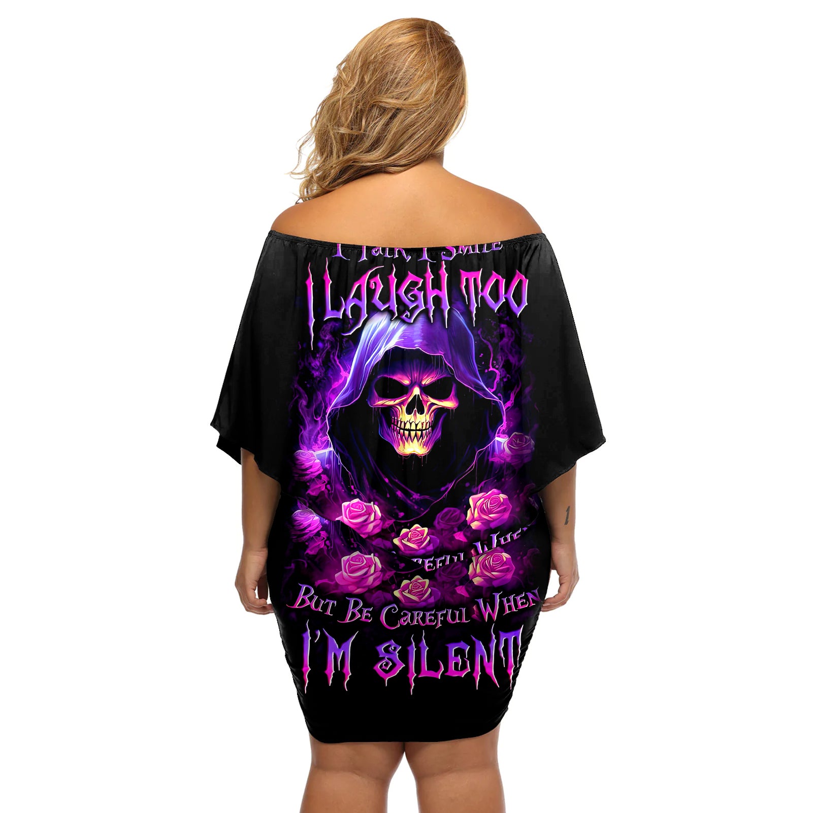 Purple Skull Off Shoulder Short Dress I Talk I Smile But Be Carefull When I SIlent - Wonder Print Shop
